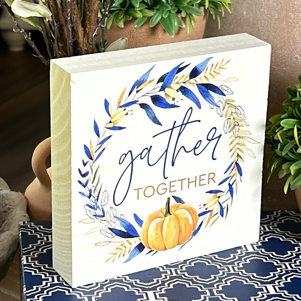 NEW! Fall Autumn Harvest Cottage Gather Together Pumpkin & Wheat Wood Sign